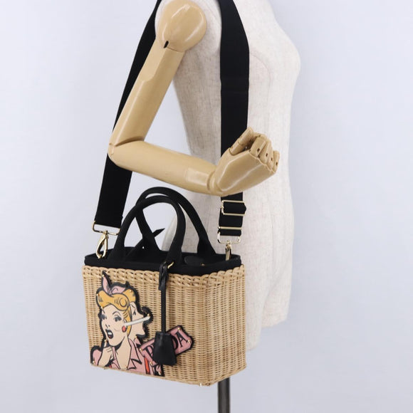 PRADA Wicker Canapa Hand Bag Rattan 2way Beige Gold 1BG835 Auth 198609SAM