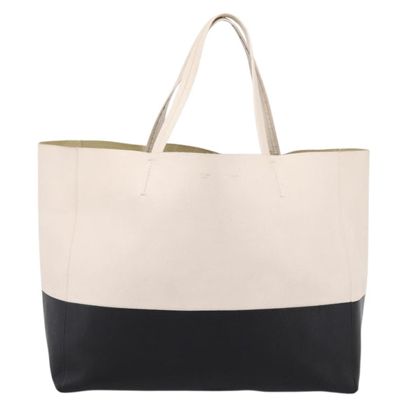 CELINE Horizontal Cabas Large Tote Bag Leather White Black Auth 198621A