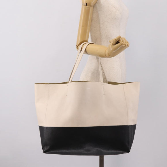 CELINE Horizontal Cabas Large Tote Bag Leather White Black Auth 198621A