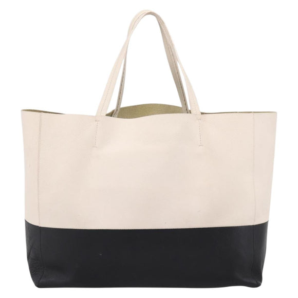 CELINE Horizontal Cabas Large Tote Bag Leather White Black Auth 198621A