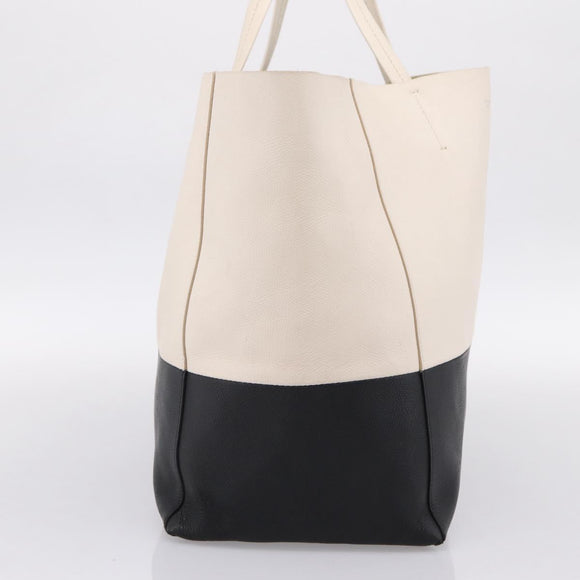 CELINE Horizontal Cabas Large Tote Bag Leather White Black Auth 198621A