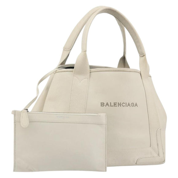 BALENCIAGA Navy Cabas S Hand Bag Leather Ivory Silver 339933 Auth 198623
