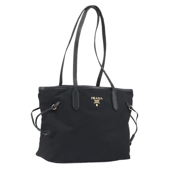 PRADA Tote Bag Nylon Black Gold Tone Auth 198624