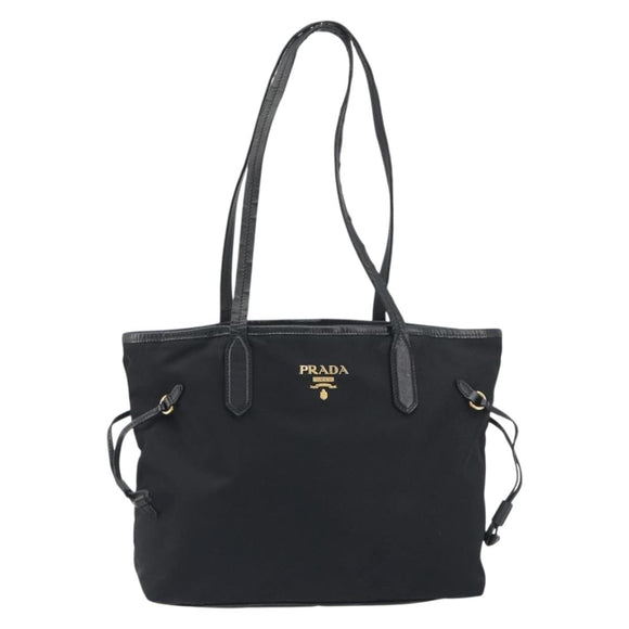 PRADA Tote Bag Nylon Black Gold Tone Auth 198624