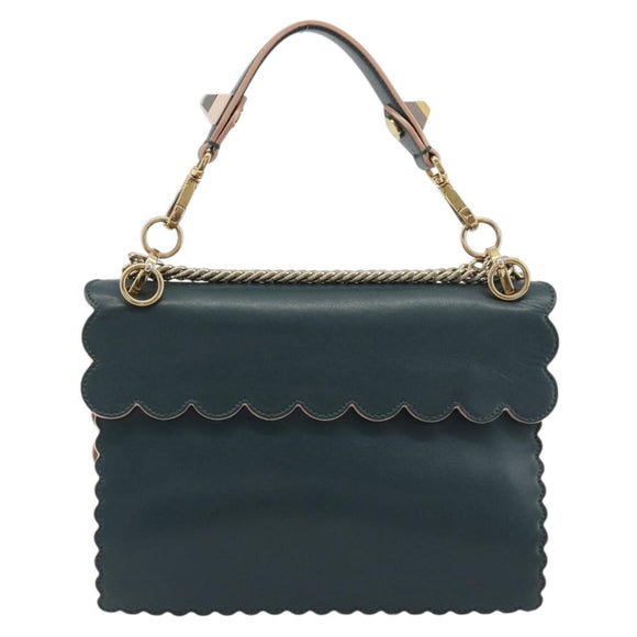 FENDI Canay Chain Shoulder Bag Leather 2way Green Gold Tone 8BT283 Auth 198639
