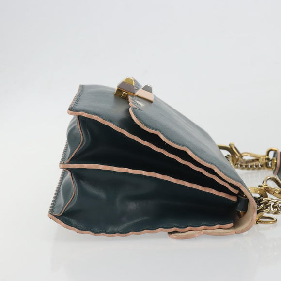 FENDI Canay Chain Shoulder Bag Leather 2way Green Gold Tone 8BT283 Auth 198639