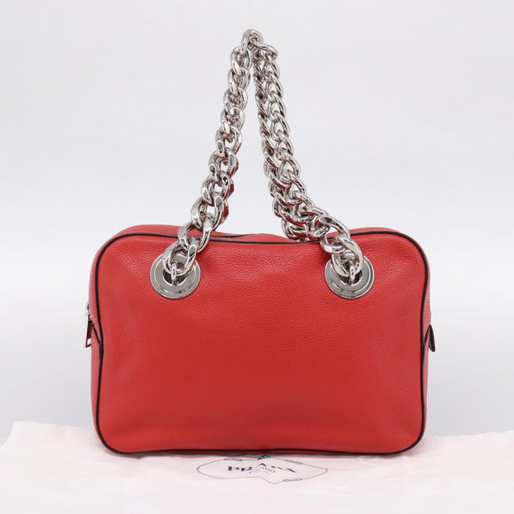 PRADA Chain Hand Bag Leather Red Silver Auth 198640V