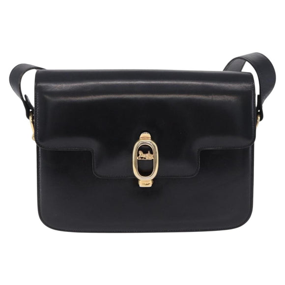 CELINE Horse Carriage Shoulder Bag Leather Black Gold Tone Auth 198641