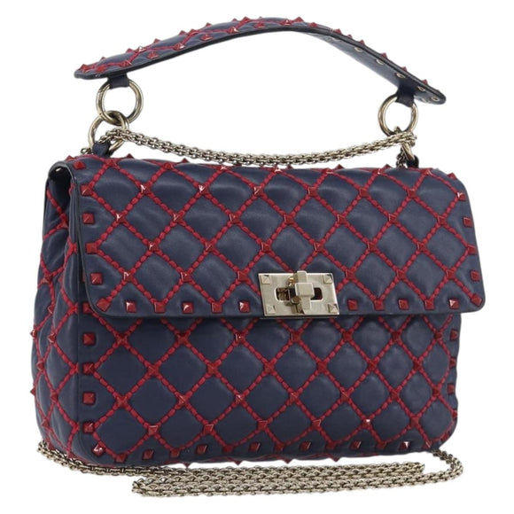 VALENTINO Rock Studs Chain Shoulder Bag Leather 2way Navy Gold Auth 198645M