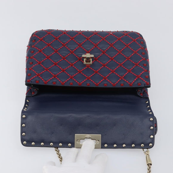VALENTINO Rock Studs Chain Shoulder Bag Leather 2way Navy Gold Auth 198645M
