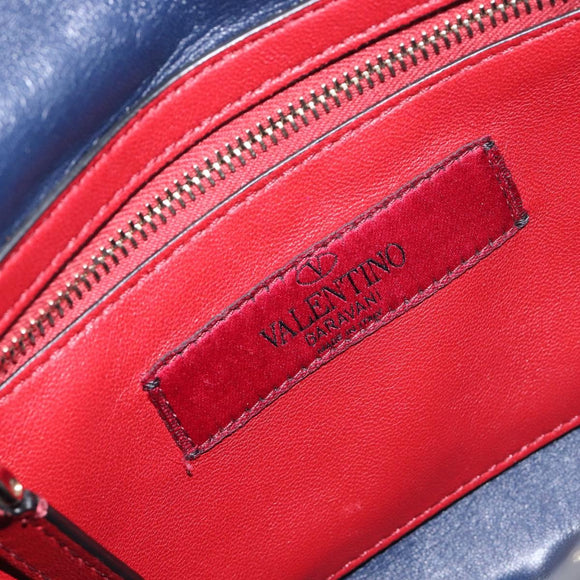 VALENTINO Rock Studs Chain Shoulder Bag Leather 2way Navy Gold Auth 198645M