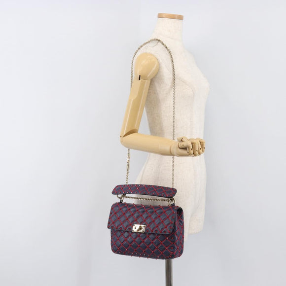 VALENTINO Rock Studs Chain Shoulder Bag Leather 2way Navy Gold Auth 198645M