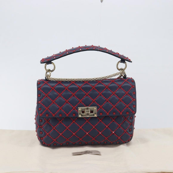 VALENTINO Rock Studs Chain Shoulder Bag Leather 2way Navy Gold Auth 198645M