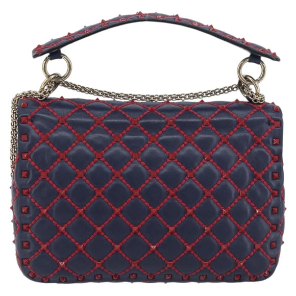 VALENTINO Rock Studs Chain Shoulder Bag Leather 2way Navy Gold Auth 198645M