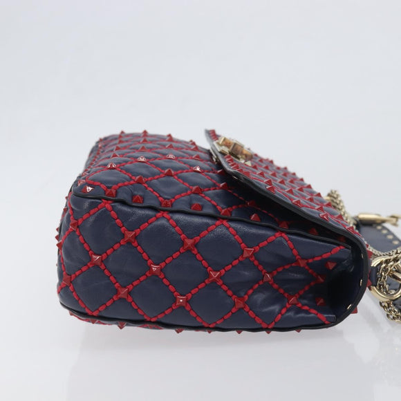 VALENTINO Rock Studs Chain Shoulder Bag Leather 2way Navy Gold Auth 198645M