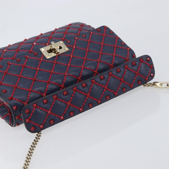 VALENTINO Rock Studs Chain Shoulder Bag Leather 2way Navy Gold Auth 198645M