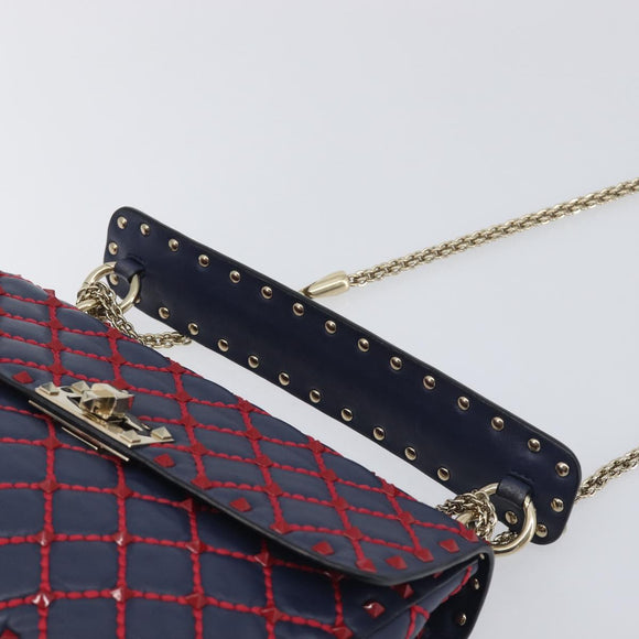 VALENTINO Rock Studs Chain Shoulder Bag Leather 2way Navy Gold Auth 198645M