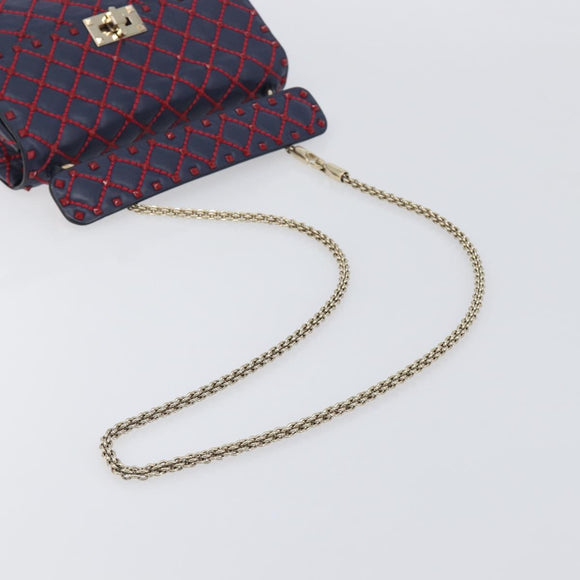 VALENTINO Rock Studs Chain Shoulder Bag Leather 2way Navy Gold Auth 198645M