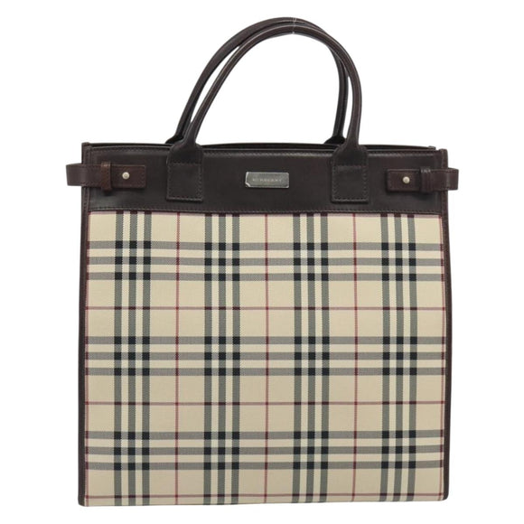 BURBERRY Nova Check Hand Bag Canvas Beige Silver Auth 198650