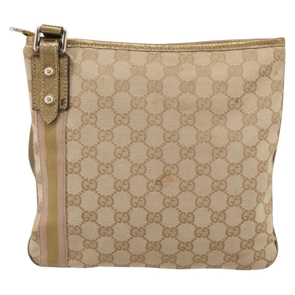 GUCCI GG Canvas Sherry Line Shoulder Bag Beige Gold Tone 144388 Auth 198655