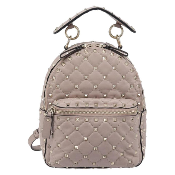 VALENTINO Rock studs Backpack Leather Beige Gold Tone Auth 198673M
