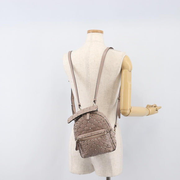 VALENTINO Rock studs Backpack Leather Beige Gold Tone Auth 198673M