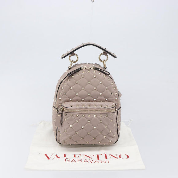 VALENTINO Rock studs Backpack Leather Beige Gold Tone Auth 198673M