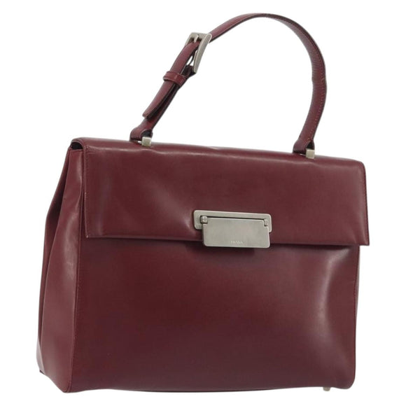PRADA Hand Bag Leather Bordeaux Silver Auth 198674