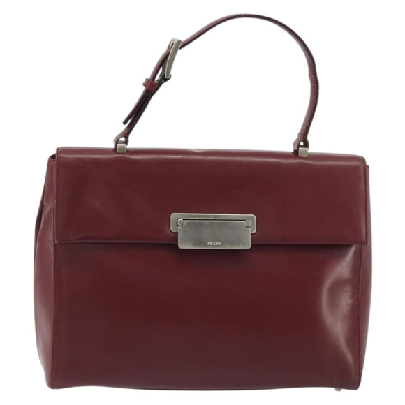 PRADA Hand Bag Leather Bordeaux Silver Auth 198674