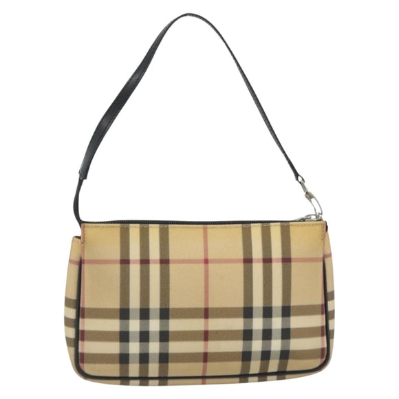 BURBERRY Nova Check Accessory Pouch PVC Leather Beige Silver Auth 198675A