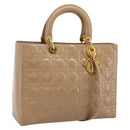Christian Dior Cannage Lady Dior Large Hand Bag Patent Beige Gold Auth 198677A-1