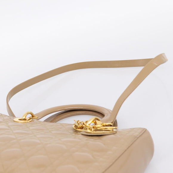 Christian Dior Cannage Lady Dior Large Hand Bag Patent Beige Gold Auth 198677A