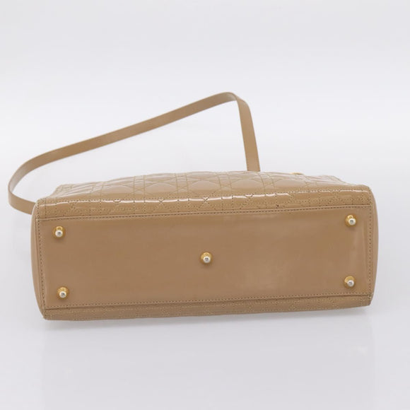 Christian Dior Cannage Lady Dior Large Hand Bag Patent Beige Gold Auth 198677A