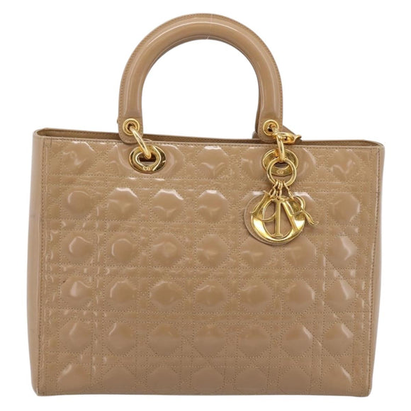 Christian Dior Cannage Lady Dior Large Hand Bag Patent Beige Gold Auth 198677A