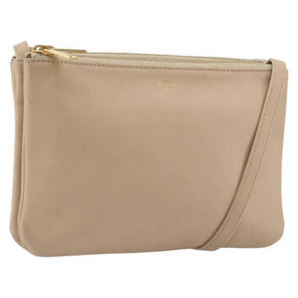 CELINE Trio Shoulder Bag Leather Beige Gold Auth 198683A