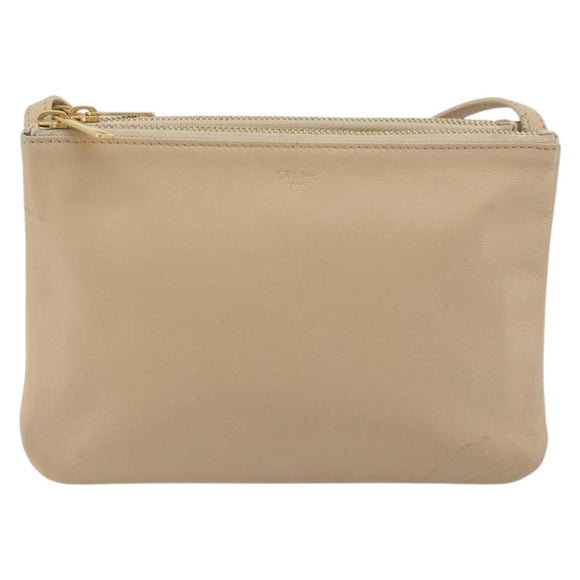 CELINE Trio Shoulder Bag Leather Beige Gold Auth 198683A