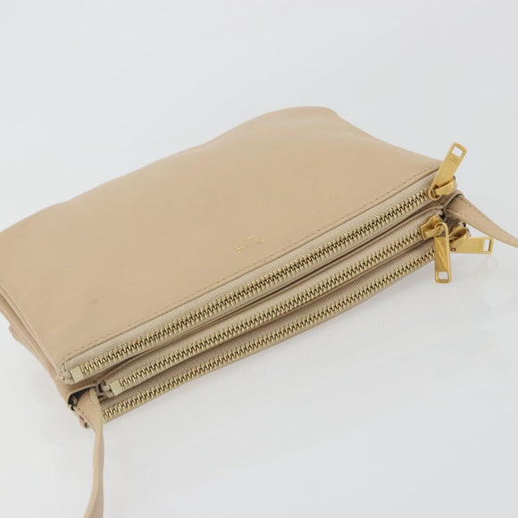 CELINE Trio Shoulder Bag Leather Beige Gold Auth 198683A