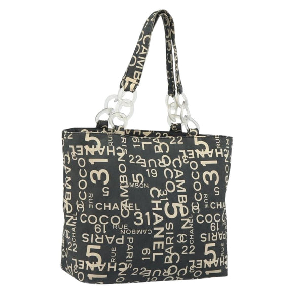 CHANEL Vichy Line Tote Bag Canvas Black Silver CC Auth 198686