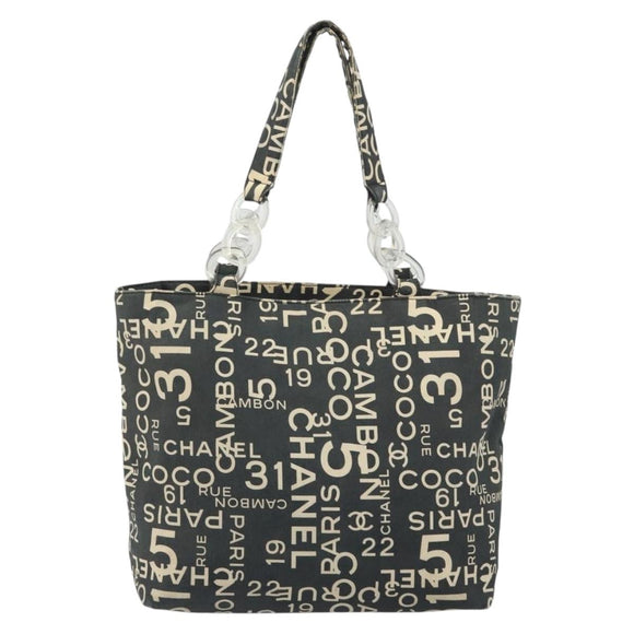 CHANEL Vichy Line Tote Bag Canvas Black Silver CC Auth 198686