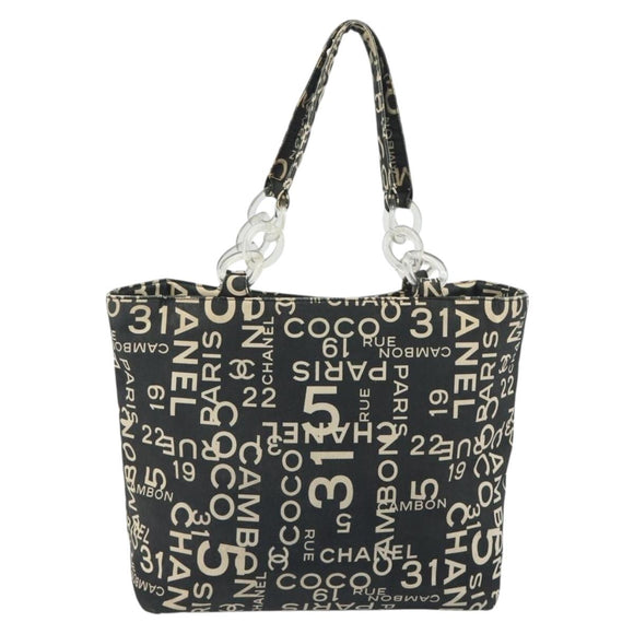CHANEL Vichy Line Tote Bag Canvas Black Silver CC Auth 198686