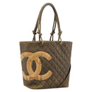 CHANEL Matelasse Cambon Line Hand Bag Leather Khaki CC Auth 198693-1