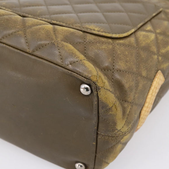 CHANEL Matelasse Cambon Line Hand Bag Leather Khaki CC Auth 198693