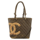 CHANEL Matelasse Cambon Line Hand Bag Leather Khaki CC Auth 198693-2