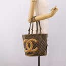 CHANEL Matelasse Cambon Line Hand Bag Leather Khaki CC Auth 198693-24