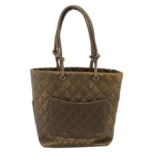 CHANEL Matelasse Cambon Line Hand Bag Leather Khaki CC Auth 198693