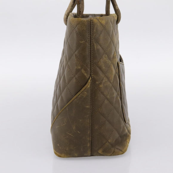 CHANEL Matelasse Cambon Line Hand Bag Leather Khaki CC Auth 198693