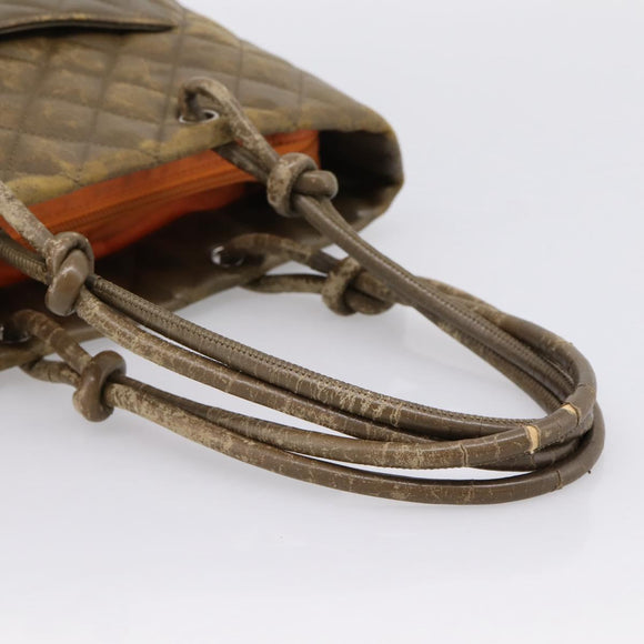 CHANEL Matelasse Cambon Line Hand Bag Leather Khaki CC Auth 198693