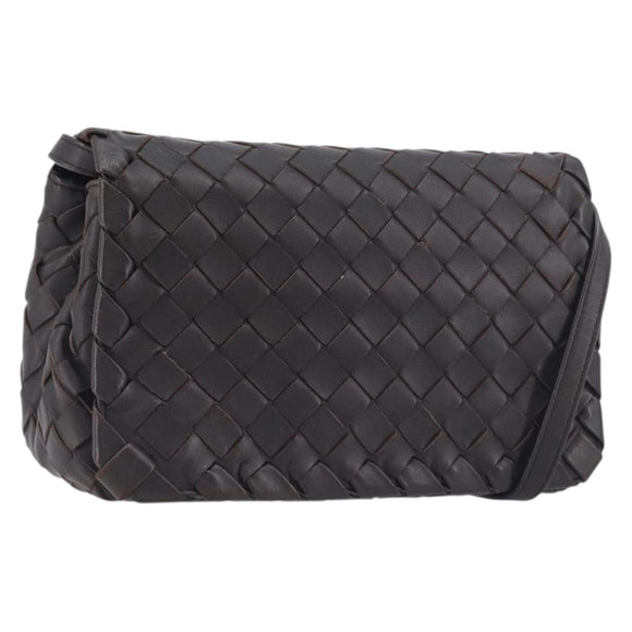 BOTTEGA VENETA INTRECCIATO Shoulder Bag Leather Dark Brown Gold Auth 198694V