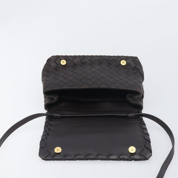 BOTTEGA VENETA INTRECCIATO Shoulder Bag Leather Dark Brown Gold Auth 198694V