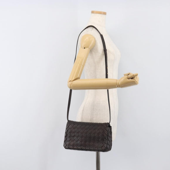 BOTTEGA VENETA INTRECCIATO Shoulder Bag Leather Dark Brown Gold Auth 198694V
